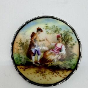 Sterling Silver Old Vintage Hand Painted Lovers Brooch